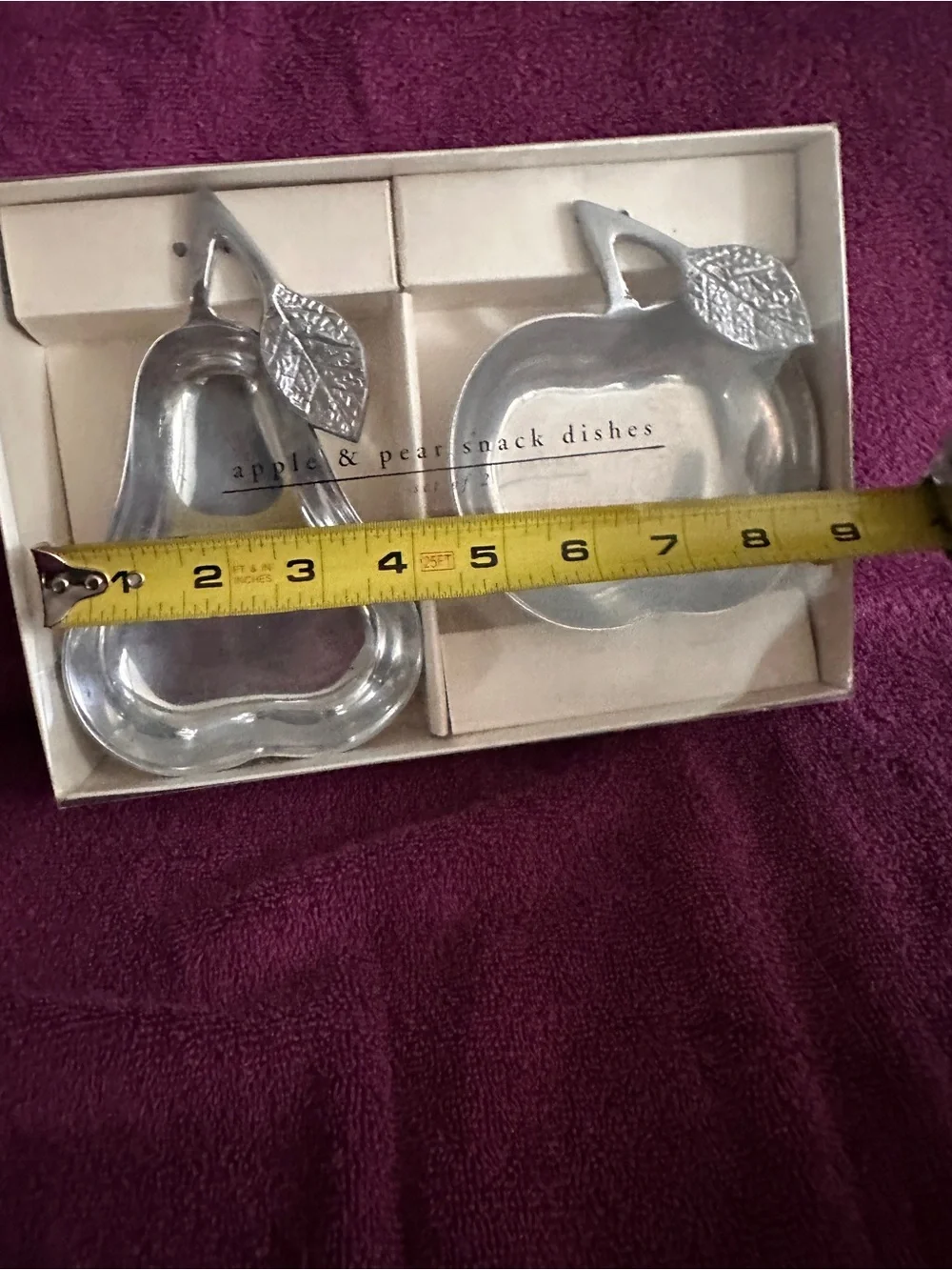 PIER 1 IMPORTS Set of 2 Apple and Pear Snack dishes silver Aluminum - NIB